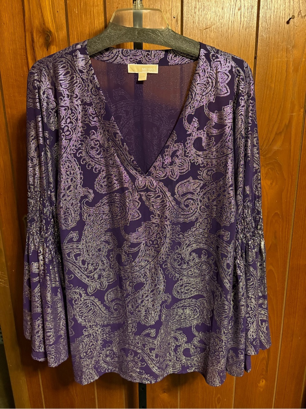 Michael Kors Metallic Paisley V-Neck Long Sleeve Tunic - Purple